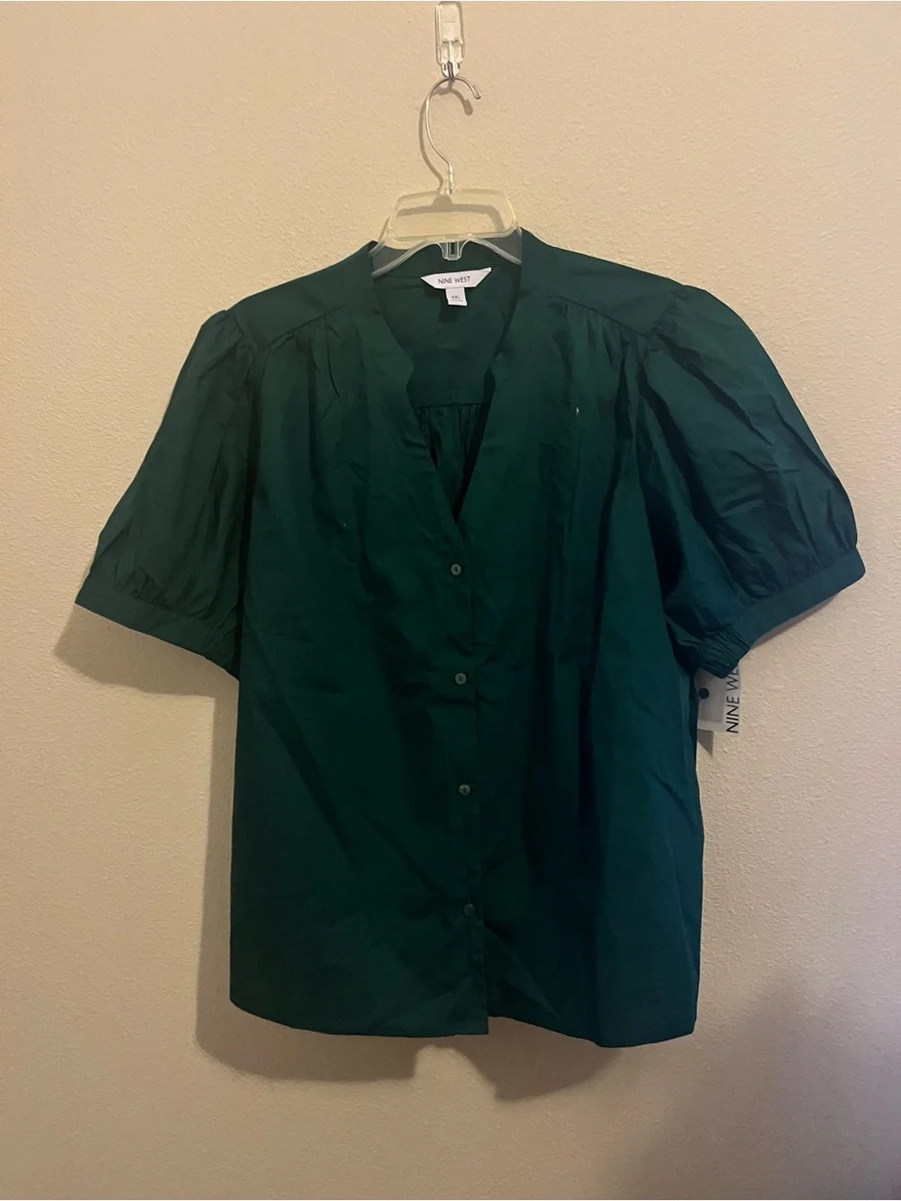 Nine West Deep Green Button-Front Puff Sleeve Blouse - Picture 1 of 5